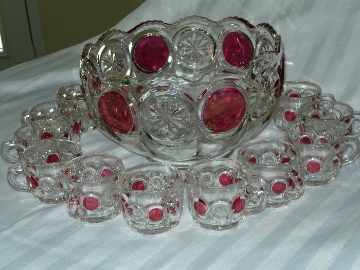 Gorgeous Ruby Flash punch bowl, cups and ladle
