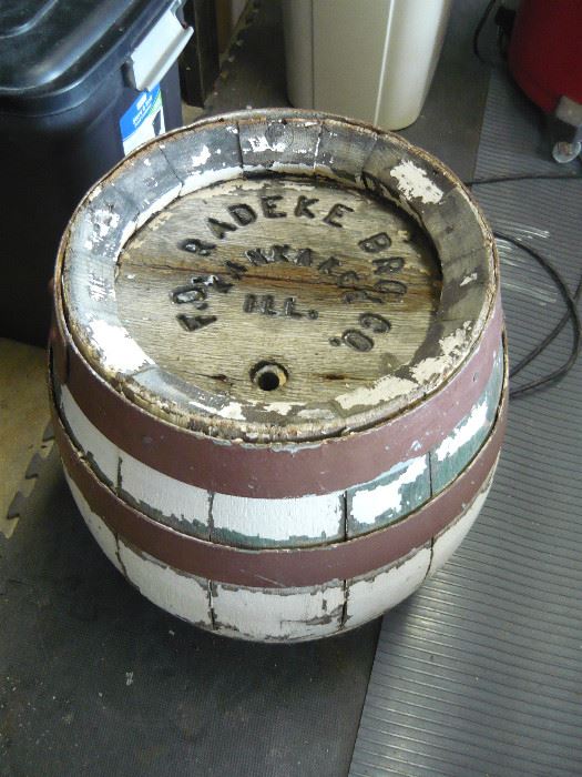 Antique oak Radeke Beer Barrel, Kankakee, Il.  SOLD