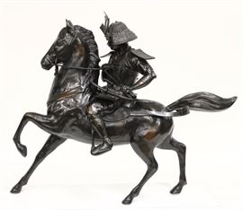 Japanese Bronze Samurai Warrior on Horse, Samurai in full Armor, heavily patinated