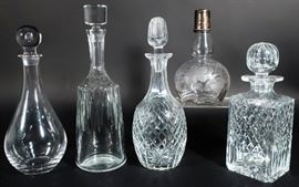 Lot of 5 Cut-Crystal Glass Decanters includes Tiffany & Co, Baccarat & others, one with etched grapes motif.