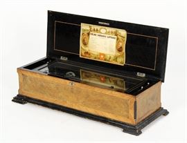 Nicole Freres, Swiss Music Box, c. 1880., Sublime Harmonie Soprano, 18 1/2" format cylinder music box plays 8 Airs; the mahogany
veneered box with banded veneer, burl wood and marquetry inlays with lid opening to reveal the tune sheet listing