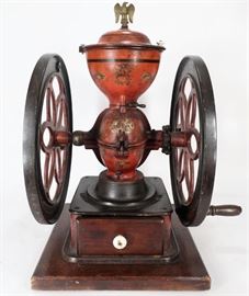 Antique Cast Iron Counter Top Coffee Mill, Enterprise Mfg Co., Philadelphia, patent date July 12, 1898. Brass eagle finial, patriotic transferware decorations. Original red and black paint. 
