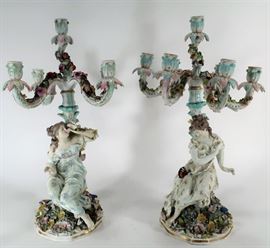 Pair of Porcelain Female Figural Candelabra, bears Meissen Mark. Removable candelabra