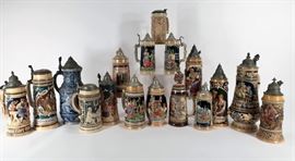 Lot of 17 German Beer Steins, Pewter lids. 15 beer steins and two pitches. Includes: Villeroy & Bosch, West Germany, Gerz, Mettlach