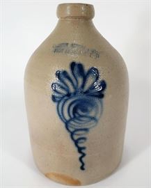 Blue Decorated Haxton Ottoman Stoneware Jug, 19th C., Fort Edward NY, with abstract blue glaze decoration.   Provenance: From a Gustave Stickley Home in Colonial Heights, Yonkers NY