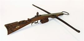 Iron & Carved Walnut Crossbow, 18/19th c. Inlaid bone initials "F" and "C". Continental, possibly German.
