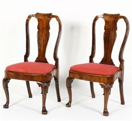 Pair of George II Walnut Side Chairs,c.1730, solid splat and scrolled crest