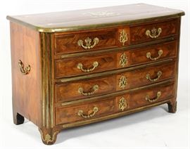 Regence Commode Early 18th c. Marquetry Inlaid Trophy Shield Crest on top and brass fittings. Campaign Chest of Drawers with Ormolu