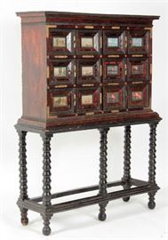 Amazing Neopolitan Walnut Cabinet on ebonized spiral-leg base with W/C Watercolor Painted Panels of Mount Vesuvius and other scenes, 18th c.