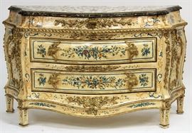 Italian Rococo Cream Painted and Floral Bombe Chest of Drawers Carved Gilt-Trim and Marble Top with floral inlaid design, 19th/20th c.
