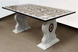 Italian Pietra Dura Florentine Style Marble Table 19/20th century. Large rectangular stone marble top center table with inlaid floral, scroll, and urn designs . Supported on two gray marble inlaid pedestal bases