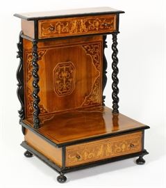 Italian Renaissance Style Marquetry Inlaid Walnut Prie-a-Dieu, ebonized trim and spiral supports in font of an inlaid panel connecting top and bottom drawers.  18th century