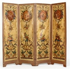 Four Panel Painted Screen c. 1940. Neo-classical hand-painted scenes with cut velvet fabric backing. Neoclassical Classic Motif Designs