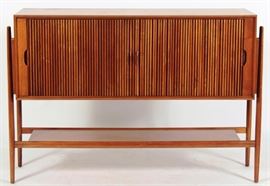 Midcentury MCM Walnut Buffet / Credenza by Drexel, c. 1960, Two Full Width Tambour Doors enclosing 3 Interior drawers and open shelves