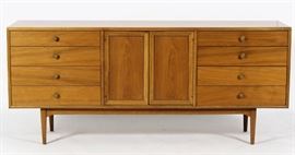 Midcentury Modern Walnut Credenza/Dresser/Buffet for Drexel by Kipp Stewart and Stewart MacDougall, two sets of four drawers flanking two doors over three inner slide drawers, c. 1968/69.  