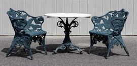 Outdoor Dining Set of Victorian Style "Smithsonian Institution" Fern Pattern Cast Aluminum Arm Chairs and Table Base with Marble
Top