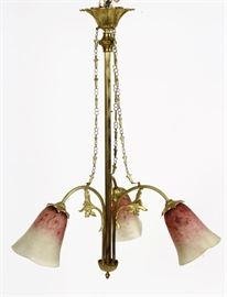 Art Nouveau Style Pendant Light Fixture with three art glass shades.