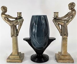 After Max Le Verrier Pair of Metal Art Deco Candle Holders and a Metal Vase on Stand