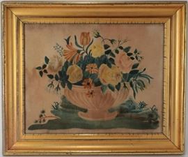 Flowers in Bowl, Theorem, 19th c. American, watercolor on velvet Antique Gilt Frame