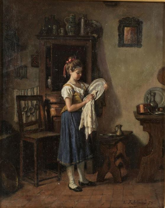 Oil Painting Emille Robellas Swiss "Washing the Pewter" O/C 19th c. Signed and dated 1875