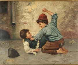 Gaetano Lodi Italian "Boys Fighting" O/C. Signed 19th Century Oil on Canvas. 1850's - 1860s 