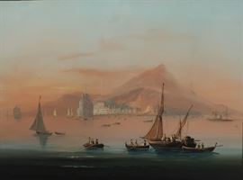 Italian School, Mid 19th c, Bay of Naples with sails and figures, Gouache Painting , unsigned as typical, circa 1850.
