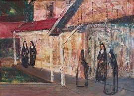 JOYCE BLEGEN, Am., 20th c. "Walk in the Sun" (Nuns before Building) signed lower right and dated 1954 oil on masonite  Midcentury MCM MidCentury Modern Art