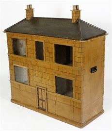 Victorian Pine Painted Doll House, faux masonry facade and faux slate roof with two chimneys, roof is removable, 2 large doors open to six room interior with central stairway, one storage drawer
