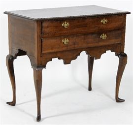 English Walnut Lowboy, 18th-19th C, cabriole legs,banded drawers and apron, snake feet