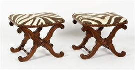 Pair of Italian Wood Turned and Upholstered Foot Stools, 20th C., of cerule form, stamped made in Italy