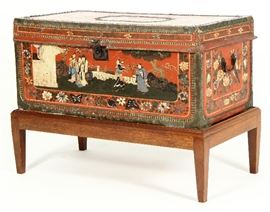 Chinese Leather Covered Trunk,c. 1900, painted with Figural Scenes with Floral borders, with nail-head trim and metal banding; raised on an associated wood stand.