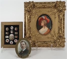 Group of 19th C. Miniature Portraits on Porcelain , including a Woman in a Red Hat, in gilt frame., a painting of a Gentleman, and a group of 12 portraits of Women, Angel and a Castle landscape, all mounted in a frame. 
