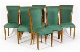 Set of 6 Art Deco Wood/Upholstered Dining Chairs, with metal rivot along top scroll