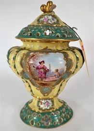 French Louis XV Sevres Style Porcelain Vase, reticulated cover and base. Hand-painted courtship scene and landscape, gilt trim.