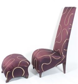 High Backed Slipper Chair with Ottoman, 20th c., royal purple with gold swirl upholstery. MCM Modern Mid-century Style
