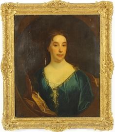 Antique Oil Painting, Portrait of a Lady in Blue, Gilt Frame, 19th Century 