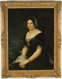 Large Portrait of a Woman, O/C, woman in a black dress wearing a cameo, American or English 3/4 Length Painting in Gilt Frame