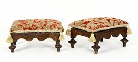 Pair of Spanish Grained and Walnut Stools, Late 18th C., with later foliate needlework cushions. Provenance: ex Christies