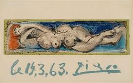 Pablo Picasso, Spanish, 1881-1973, Reclining Nude, lithograph, signed in print. 1960's Midcentury Modern Art MCM