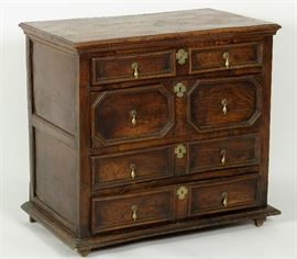 William and Mary Oak Chest, Late 17th C., geometric molded drawer fronts, paneled sides, Chest of Drawers