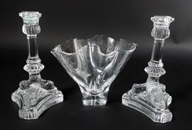 A Steuben Glass Handkerchief Vase, together with a pair of Glass Dolphin Candlesticks, made in Germany for Tiffany & Co.