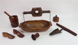 Lot of 8 Early American Wood & Treen Objects. Comprises: Trencher, two butter presses, mortar & pestle, rustic farm implement, wooden plane hand tool (no blade) and two shoe molds.