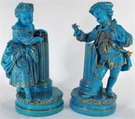 French Blue Glazed Pottery Porcelain Boy & Girl Figure Statues gilt trim in French costume.