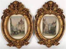 Pair of Hand-Colored Prints in Oval Composite Frames with Winged Putti.