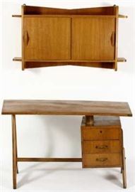 Two Pcs, Mid-Century Desk Shaped Curved Top with 3 Drawers and Hanging Wall Cabinet with sliding doors MCM Modern