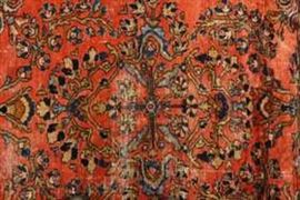 Hamadan Hand Knotted Rug, field with primarily red and navy ground border with navy and taupe floral Carpet