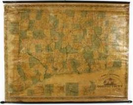 Antique Clark & Tackabury's, 1859, "New Topographical Map of the State of Connecticut", attached to wooden rod with acorn finials.