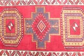 Caucasian Rug Runner Carpet Bright red ground, with 5 blue and yellow medallions
