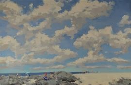 Andre Gisson, American, 1921 - 2003, Colorfully Attired Children on the Beach, a large oil on canvas, signed lower right. Oil Painting 