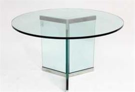 Modern 48"Round Chrome and Glass Pedestal Dining Table, base with 3 vertical panes of glass held in chrome frame
